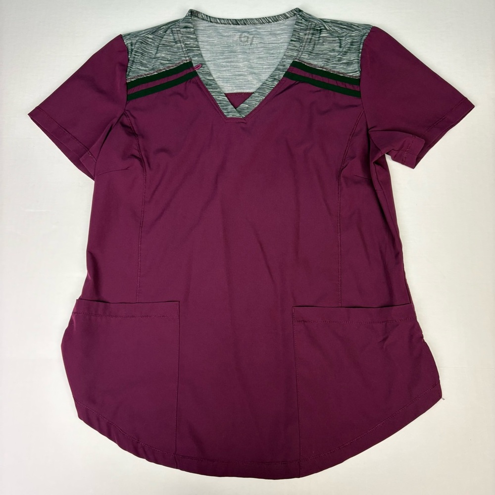 GT Performance Women's Small Scrub Top Wine Purple Gray Black Stripe Nursing